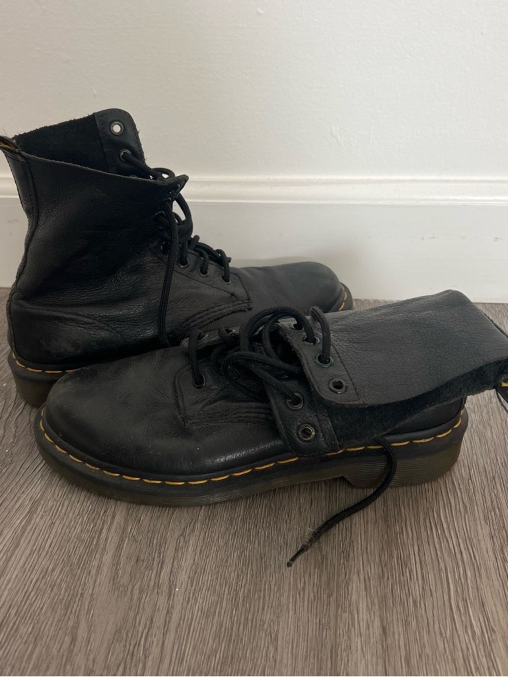 Doc Marten Pascal Black Leather Lace-Up Combat Boots with Yellow Stitching